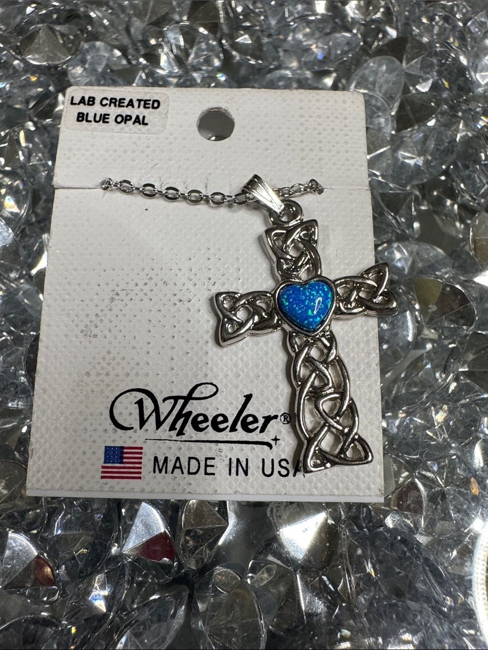 Silver Celtic Cross Pendant Necklace with Blue Opal Heart NWT